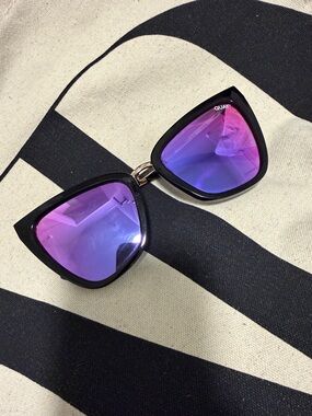 Quay Australia Black Frame Cat Eye Sunglasses with Purple-Blue Mirrored Lenses
